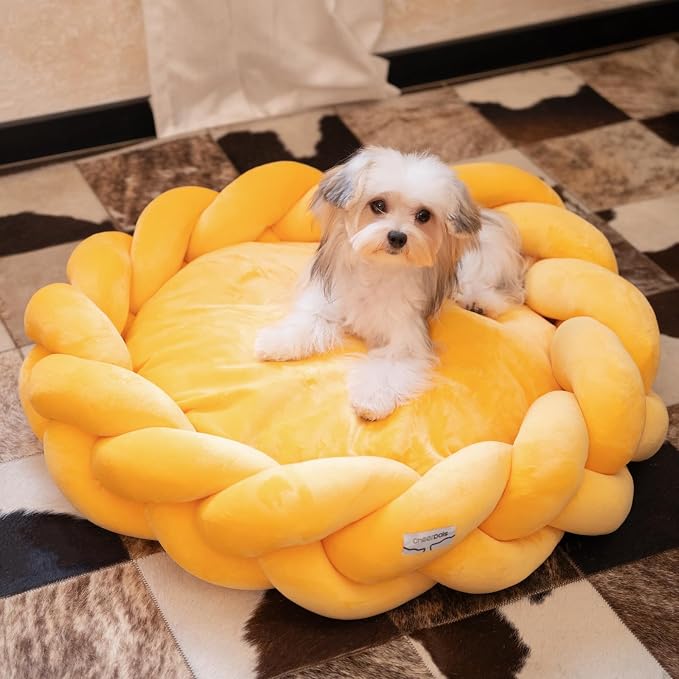 CHEERPALS Weave Cat Bed for Indoor Cats,Cute Pet Bed with Washable Cushion Fluffy Kitty Bed for Small Dog(Eggshell Yellow)