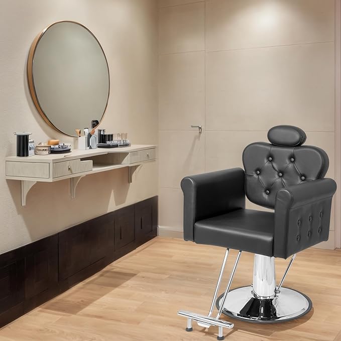 OmySalon All Purpose Salon Chair with Reclining Back & Tufted Button, Stylist Chairs for Salon, Barber Chair Heavy Duty Hair Chair for Braiding Makeup Threading Waxing, Black