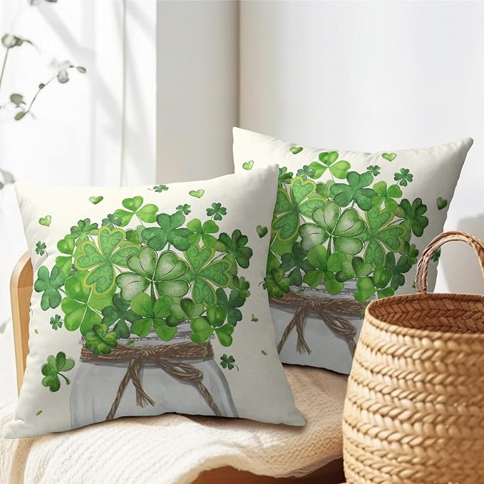 Kawani St Patricks Day Pillow Covers Set of 2, 22x22 Inch Green Lucky Shamrock Clover Jar Farmhouse Throw Pillowcases Cotton Linen Square Cushion Case for Home Couch Sofa Holiday Decor