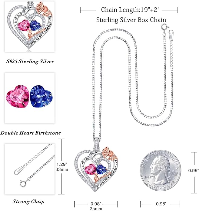 Iefil Valentines Day Gifts for Her Wife - 925 Sterling Silver Double Birthstone Necklace, Anniversary Birthday Gifts for Women, Jewelry Gift for Wife Girlfriend Mom Her