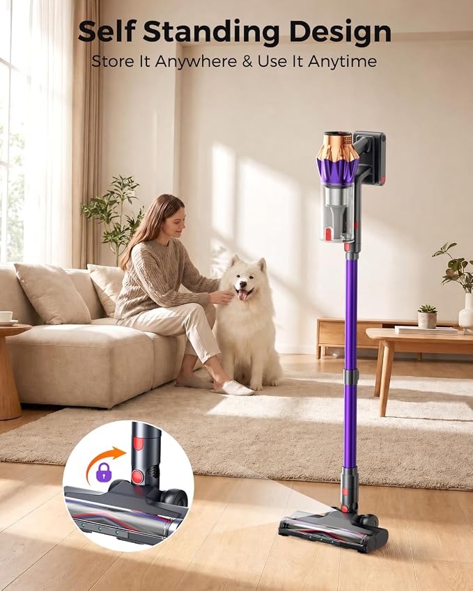 Cordless Vacuum Cleaner for Home, 600W/50KPa Powerful Suction, 60Mins Self-Standing Stick Vacuum with Anti-Tangle Brush & LED Display, Lightweight Handheld Vacuum for Pet Hair, Carpets & Hard Floors