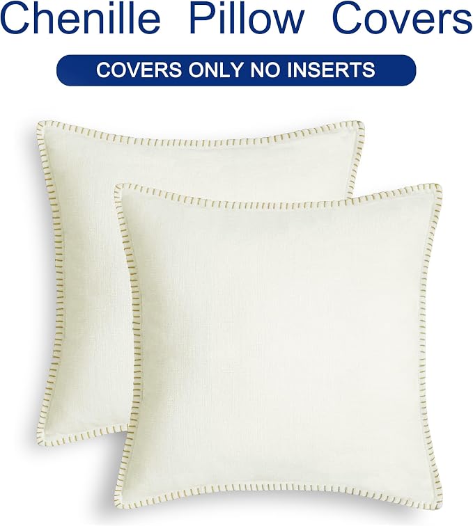 CaliTime Decorative Couch Throw Pillow Covers 22 X 22 Inches Cream | Pack of 2, Cozy Chenille Cushion Cases, Cotton Thread Stitching Edges, for Sofa Bed Living Room Farmhouse