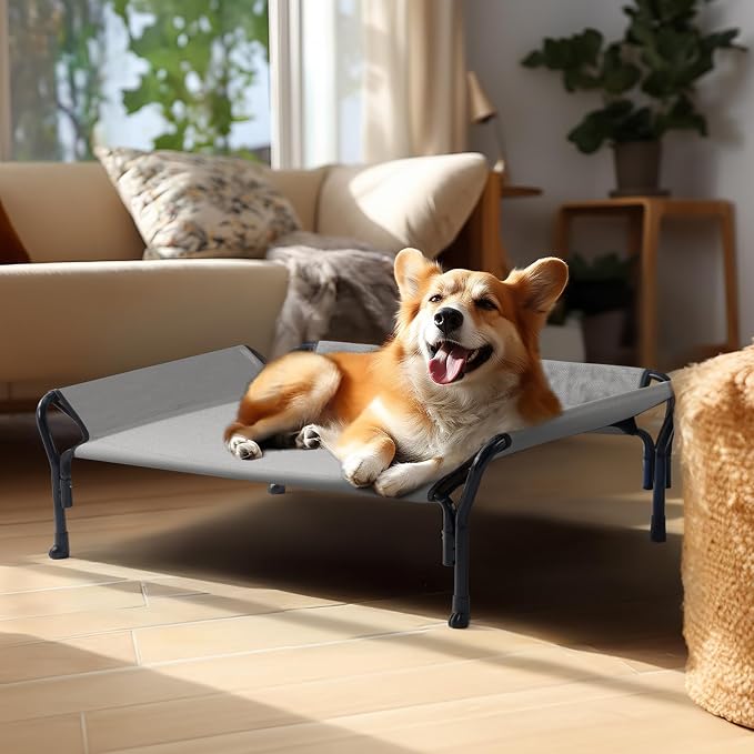 Veehoo Cooling Elevated Dog Bed, Raised Dog Cot with Guardrail & Headrest | Washable Dog Couch Bed for Indoor & Outdoor, Durable Breathable Teslin Mesh, Non-Slip Feet, Medium, 39.5" x 28", Grey