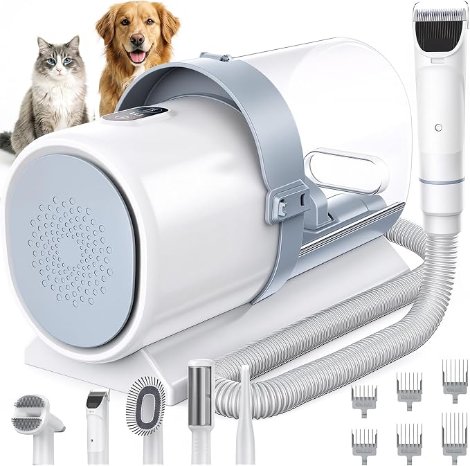 NEWBULIG Pet Grooming Vacuum Kit for Cats and Dogs, 2.5L Dust Cup | 3 Suction Modes and 5 Groomer Tools, Low Noise for Cats, Dogs Other Animals Hair Trimmer, White