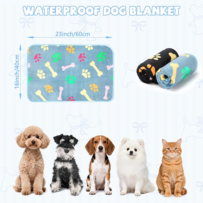 YUEPET 2 Pack Waterproof Dog Blankets, Washable Puppy Blankets 23 x 16 in | Black/Blue Paw Set, Reversible Fleece Throw, Heat-Reflective Mylar Layer, Bed/Sofa/Car Protection, Small Dogs and Cats