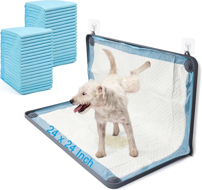 24 x 24In Dog Pee Pad Holder Training Pads Silicone Non Slip Pad Holder | Puppy Pad Holder Tray for Dog Training with 40P Disposable Urine Pads and 2 Hooks (Hangable)