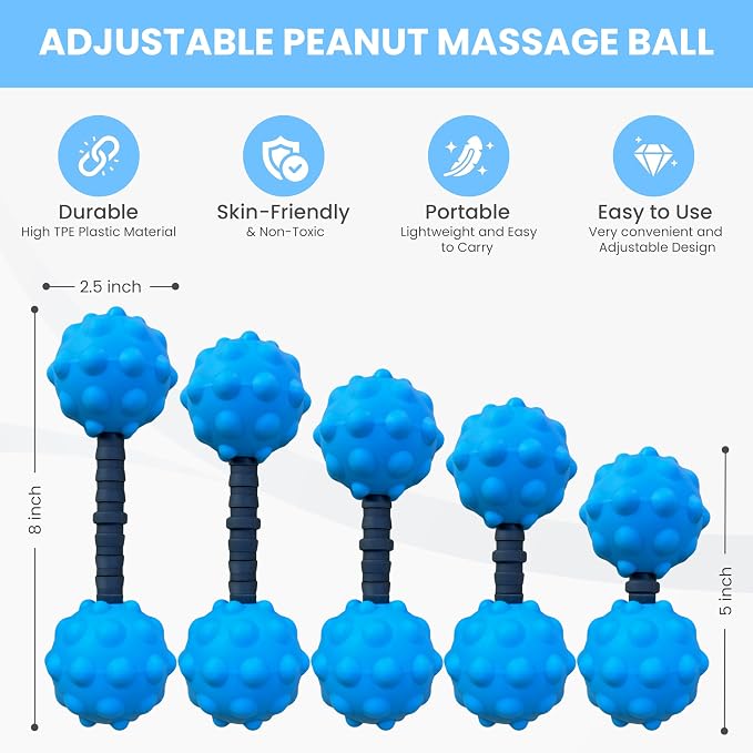Adjustable Peanut Massage Ball, Dual Textured Massage Roller with Customizable 5-8 Inch Width for Back, Neck, Legs, Calves and Hamstrings, Lightweight TPE Self-Massage Tool, Blue
