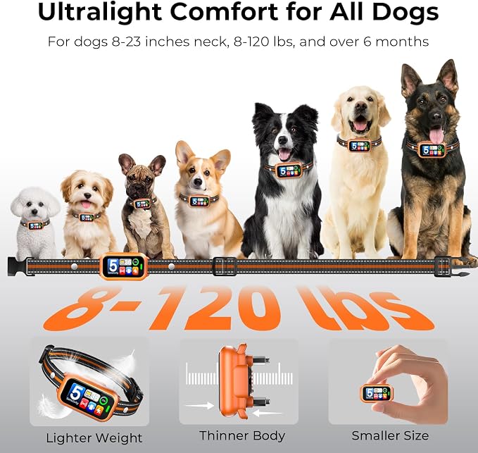 Smart Dog Bark Collar, Waterproof Shock Collar for Small Medium Large Dog | Fits 8-120lbs Dogs, 4 Training Modes, 5 Adjustable Sensitivity Levels, Built-in Bark Counter, Rechargeable, Waterproof