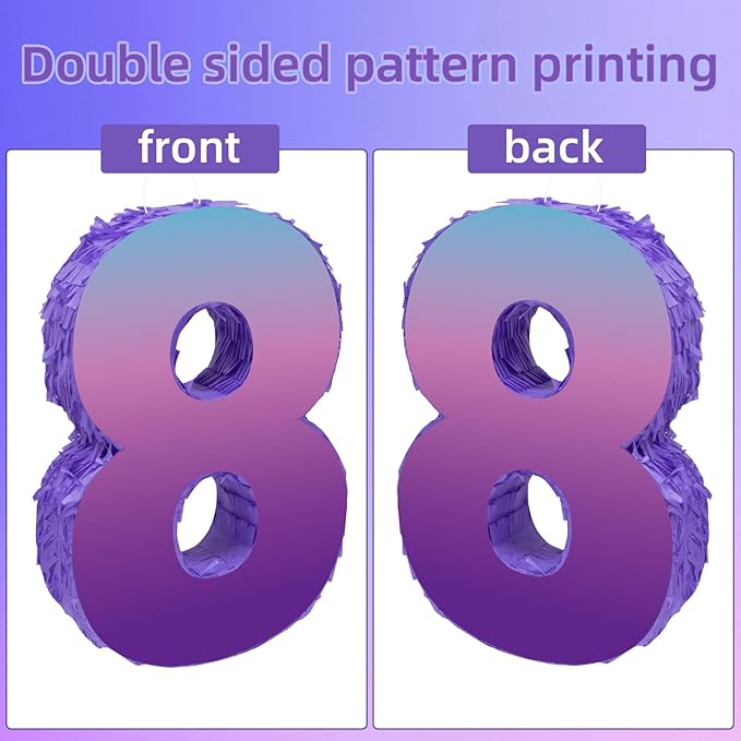 Purple Birthday Party Decorations, Purple Number 8 Pinata with Stick Blindfold Confetti for Girls Boys 8th Birthday Activity Game Gift (15.7 x 11.5 x 3 In)