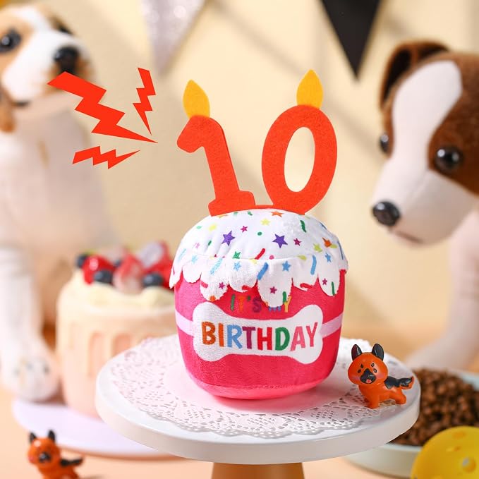 Dansydaisy Dog Birthday Cake Toy Squeaky Plush Gift,10th,Pink