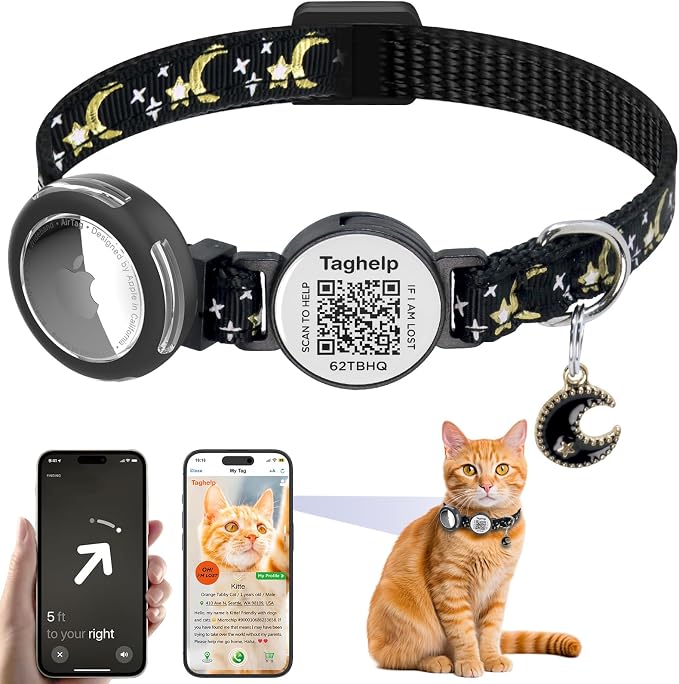 Waterproof Airtag Cat Collar Breakaway, Moons and Stars Safety Breakaway Cat Collars with Apple Airtag Holder with Qr Code, Adjustable GPS Tracker boy Girl Kitten Collar (Black B)