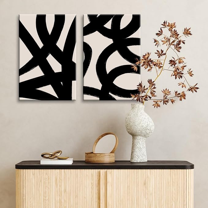 Framed Abstract Wall Art Canvas Set Lines Pictures Modern Mid Century Boho Wall Decor Minimalist Abstract Black Stroke Lines Canvas Painting Artwork Living Room Bedroom Home Office 12"x16"x2