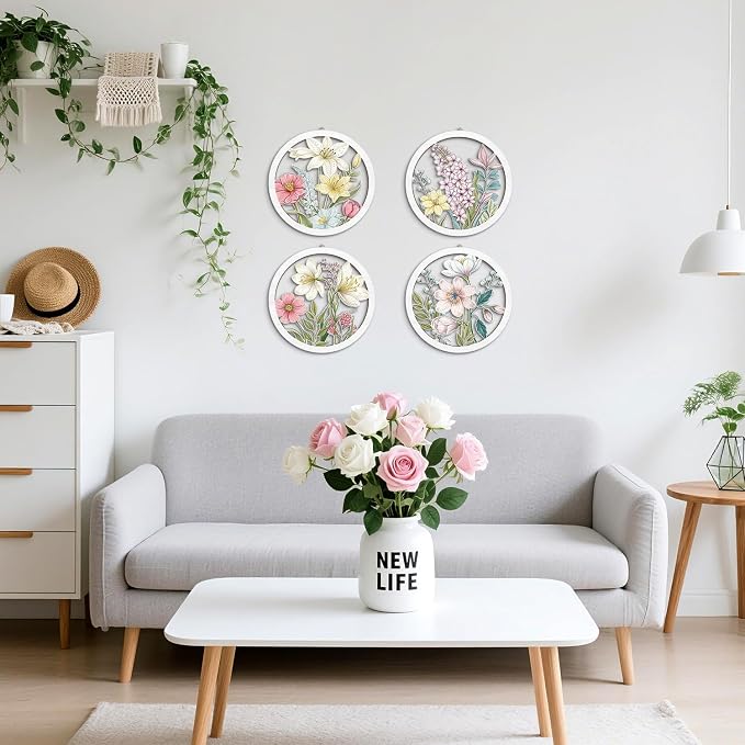 Boho Flower Wall Decor, Abstract Floral Market Wooden Wall Hanging Sign, 4 Pieces 10''x10'' Colorful Plant Wall Art, Minimalist Wildflower Botanical Wood Plaue for Girls Bedroom Living Room