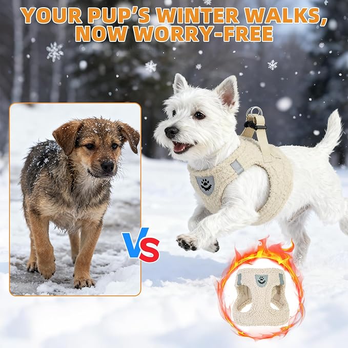 KOOLTAIL Plush Small Dog Harness and Leash Set, Warm Fleece No Pull Puppy Vest for Winter, Lightweight Reflective Step in Pet Harness for Medium Sized Dogs Boy Girl Outdoor Walking Cute Soft, Beige S