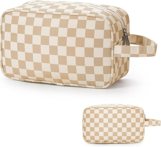 Narwey Checkered Travel Toiletry Bag for Women Traveling Dopp Kit Travel Bag for Toiletries Cosmetic Bag Makeup Bag Medicine Bag for Traveling (Light Brown Checkerboard)