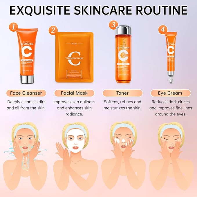11 PCS Vitamin C Skin Care Set for Teens Girls & Women - Valentine’s Day Gift with Cleanser, Toner, Eye Cream, Serum, Lotion, Face Cream & Sheet Masks - Anti-Aging Skincare Kit Firming & Moisturizing