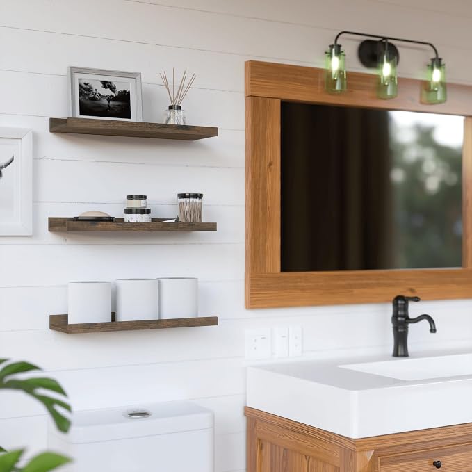 RICHER HOUSE 8-Set Floating Shelves with Lip, Rustic Brown Wall Shelf 16in | Display Picture Ledge Shelf, Anti-drop lip Shelf for Room Wall Decor, Bedroom Bathroom Storage Nursery Hanging Book Shelves
