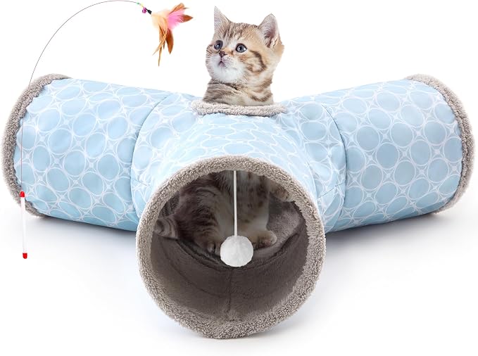 Tempcore Cat Tunnel, 3-Way Collapsible Toy for Indoor Cats, Geometry Blue