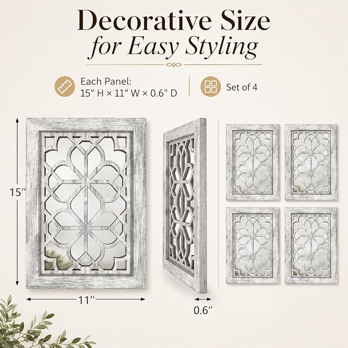Set of 4 11x15 Inch Rectangular Shatterproof Grey Decorative Wall Mirrors, Boho Farmhouse Rustic Vintage Accent Mirrors for Living Room Bedroom Entryway & Home Decor