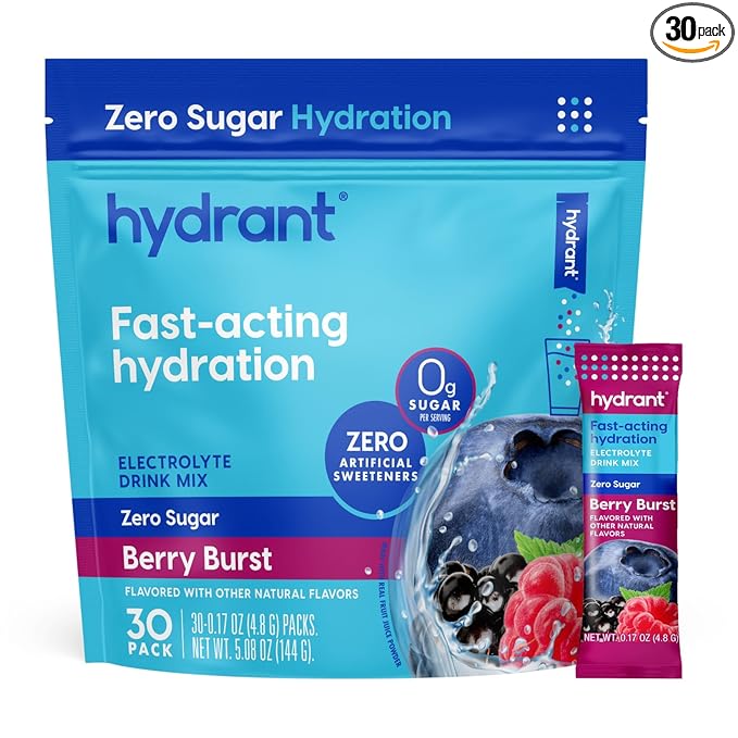 Hydrant - Hydration Powder, Berry Burst Flavor, 30 Individual Sugar-Free Instant Electrolyte Rehydration Packets - Zero Sugar Drink Mix for Daily Use, Travel & Workouts