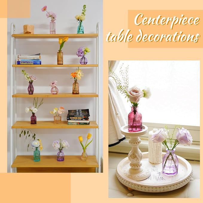 12PCS Mixed Colored Bud Vases Colorful Vintage Flower Vase for Centerpieces | Small Glass Vases for Flowers Aesthetic Glass Bottles Bulk Wedding Party Home Decorations Gifts