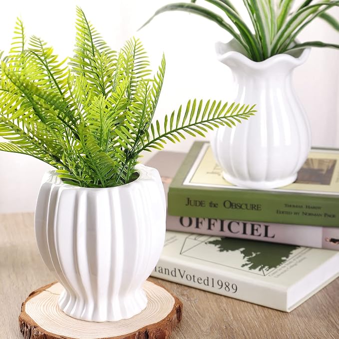 VanEnjoy 6 inch Modern Ribbed Design Small White Ceramic Decorative Tabletop Centerpiece Vase Flower Pot - White Spiral