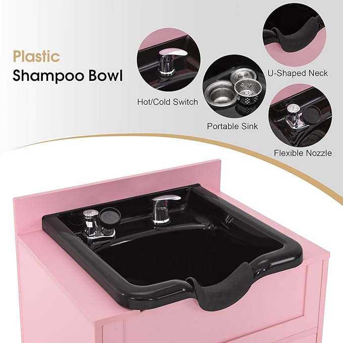 BarberPub Barber Storage Shampoo Station, Spa Textured Embossed Cabinet with Shampoo bowl & Drawers, Hair Salon Sink Backwash Equipment 7131 (Pink)