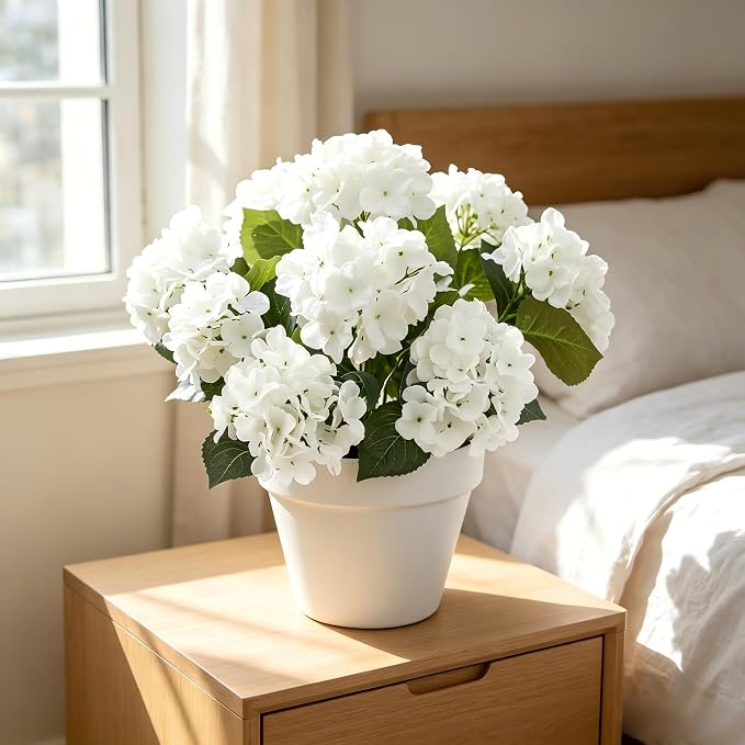 8 Pcs Hydrangea Artificial Flowers Outdoor Silk Bouquets, White UV Resistant Faux Hydrangeas Flowers for Table Vase Centerpieces Outside Party Wedding Porch Patio Planter Home Indoor Outdoor Decor