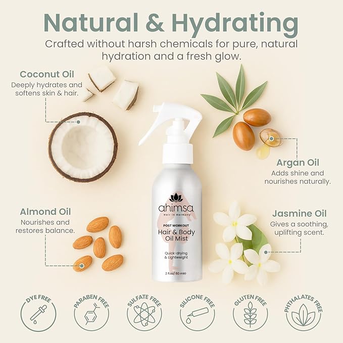 Ahimsa Hair & Body Oil Mist Spray, Lightweight Hydrating Glow Mist with Coconut Argan & Jasmine, Fast-Drying Non-Greasy Shine Spray, Natural Hair Perfume for Women & Body Oil in Clean Formula (2oz)