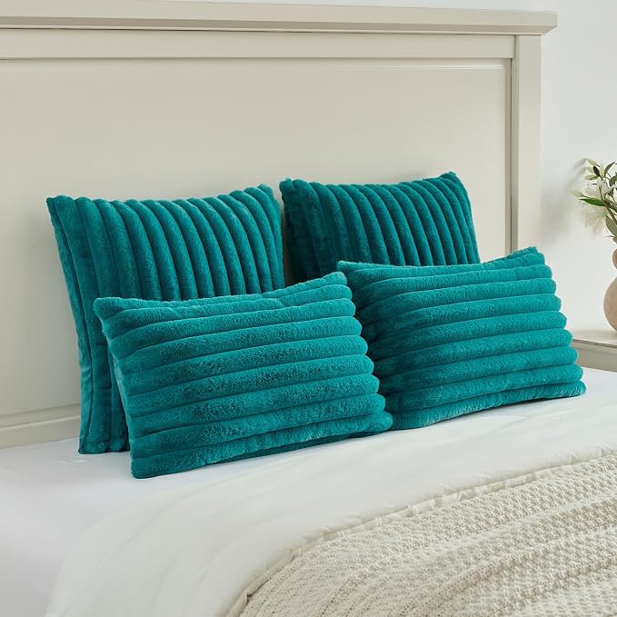 FUTEI Pack of 2 Faux Fur Throw Pillow Covers 16x16 Inch, Teal | Fluffy Faux Rabbit Fur Front/Premium Velvet Back,Hidden Zipper,Machine Washable,Non-Shedding,Colorfast,Insert Not Included.