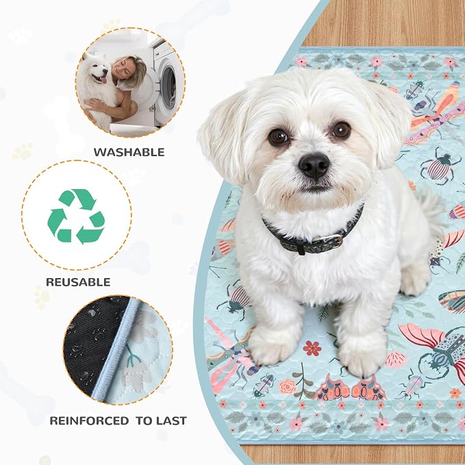 Lahome Insect Washable Reusable Pee Pads for Dogs, 2 Pack, Blue, 36x48 | Waterproof, absorbent pet mats with non-slip backing and butterfly print; suitable for crates, floors and potty training.