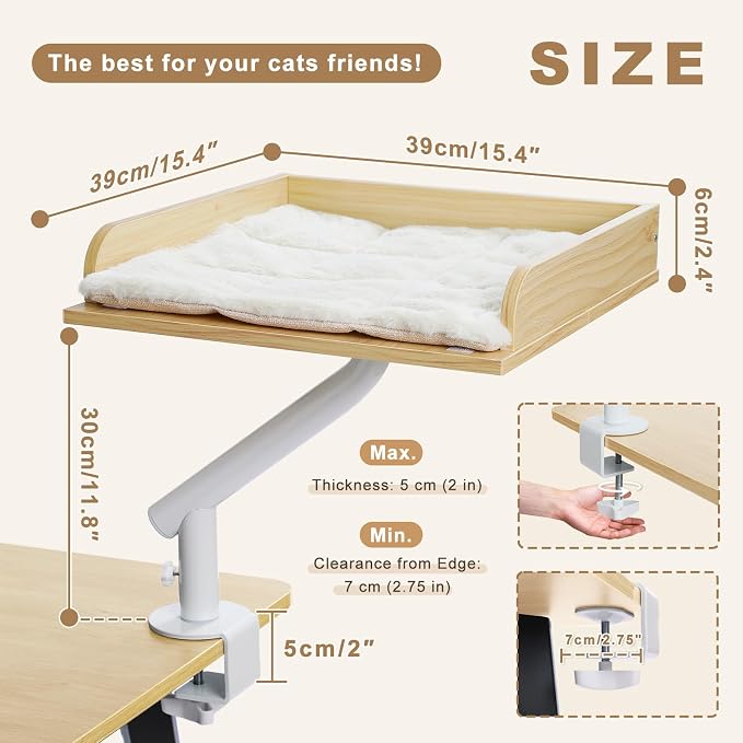 PAWZ Road Cat Desk Bed 360°Rotating Supports to 50 Lbs Cozy Nest for Desk | Wooden Desk Mount Cat Bed with Sturdy Clamp – Fits Desks & Tables, Padded Soft Nest for Cats, Holds Up to 50 lbs