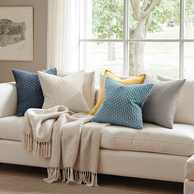 MIULEE Decorative Throw Pillow Covers 18x18 Cream White Textured Corduroy | Pack of 2 Striped Pillow Covers Modern Farmhouse Home Decor for Couch Bed Sofa Living Room