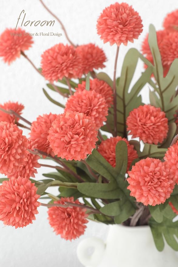 5pcs Coral Orange Faux Silk Mums Artificial Flowers, Bulk Fake Small Mini Chrysanthemums with Stems for DIY Wedding Centerpieces Floral Arrangements Vase Fillers Home Decorations