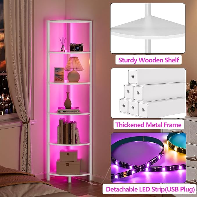 6 Tier Corner Shelf with LED Light, 67.5" White Narrow Bookshelf | Tall Standing Shelf Organizer, Storage Rack for Wall Corner, Living Room, Bedroom, Metal Frame, Wood Display Shelf