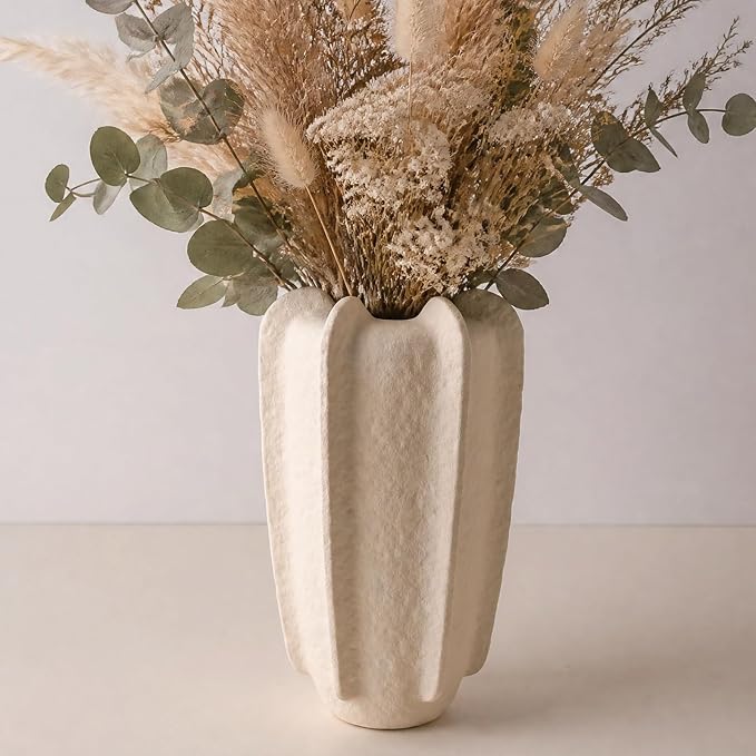 Ceramic Flower Vase Home Decor,9.1" Rustic Vintage Starfruit Shaped Beige Terracotta Vases，Modern Boho Living Room Farmhouse Table Vases Living Room Decor，Shelf Coffee Dining Desk Fireplace