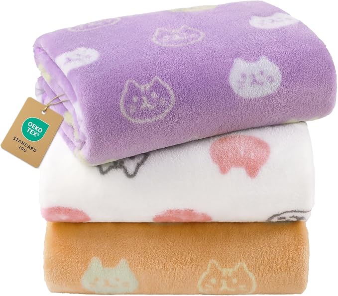 Luciphia 3 Pack Cute Cat Blankets Cozy Small Throw for Pet Puppy,41"x31" | 280GSM Fuzzy Kitten Pet Blankets Washable for Crate Bed Couch Car Indoor - Puppy Essentials Dog Gift