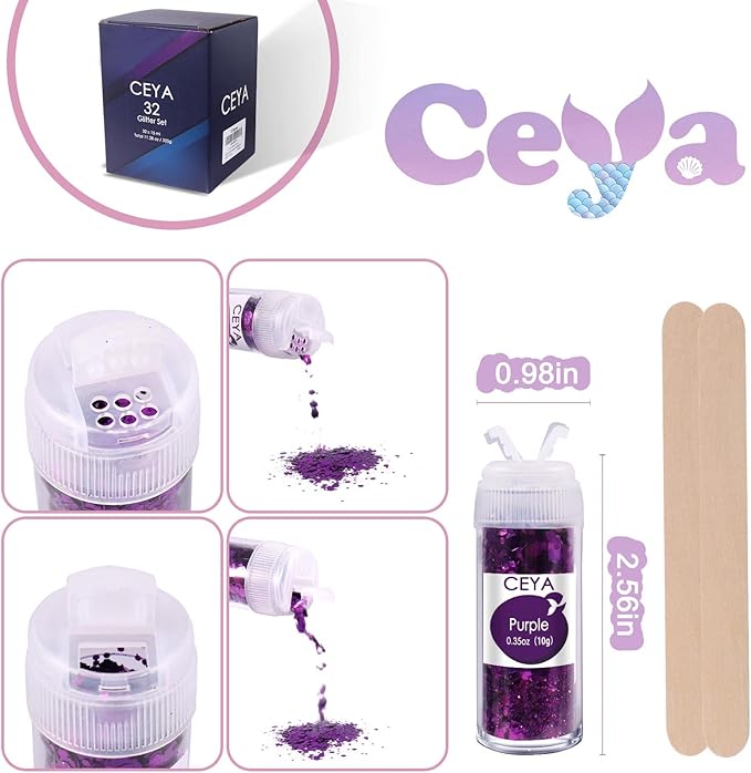 Ceya Chunky Glitter Set 32 Colors, 11.28 oz/ 320g Craft Glitter Powder Mixed Chunky Fine Sparkle Flakes Each 15ml Iridescent Nail Sequins for Epoxy Resin Nail Art Tumbler Slime Festival Decor