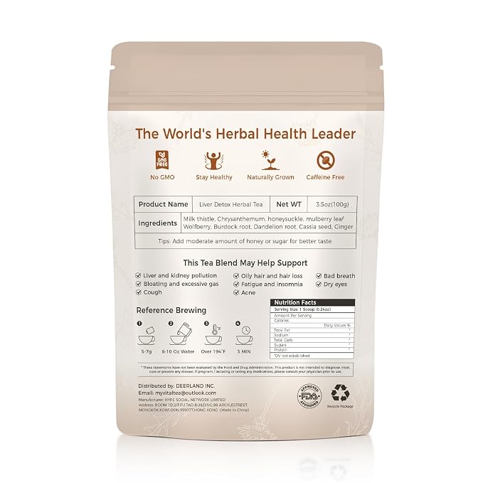 Liver Detox Herbal Tea, Liver Cleanse Detox Tea Blend with Milk Thistle, Dandelion Root, Chrysanthemum Natural Ingredients Herbal Tea, Vegan Caffeine-Free (2 Pack/30 Bags)