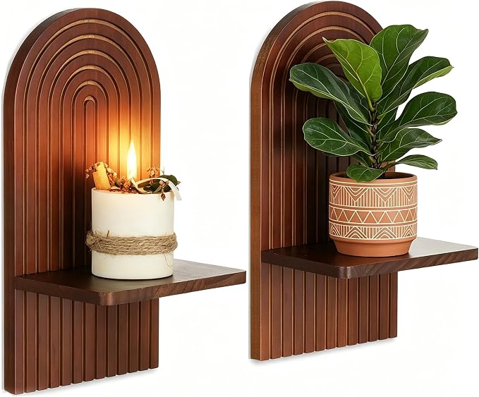 Mid Century Modern Walnut Wall Candle Holder Set of 2 | 3D Arch Candle Sconces, MCM Decor, Wooden Minimalist Shelf, for Plants or Pillars, for Living Room Fireplace