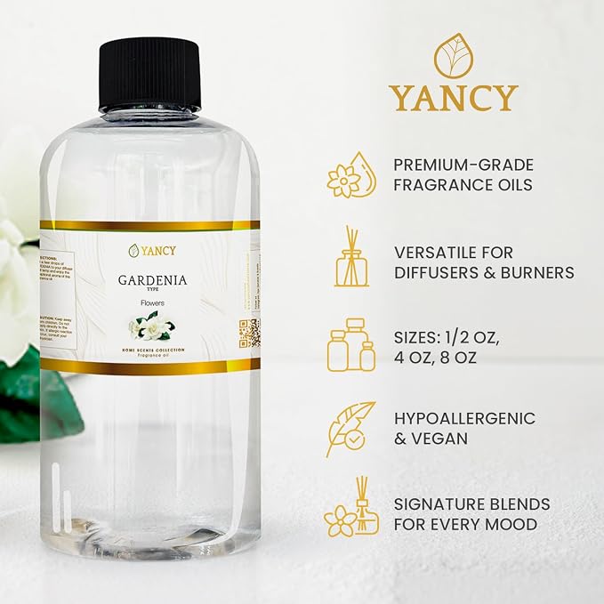 YANCY Gardenia Home Collection Fragrance Oil (8 oz), Pure Gardenia Floral Scent, Elegant Fragrance for Diffusers, Oil Burners & Aroma Lamps, Fresh Floral Ambiance for Any Room