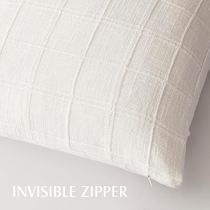 Foindtower Set of 2 Decorative Linen Check Throw Pillow Covers Neutral Farmhouse Vintage Cushion Covers Modern Boho Home Decor for Sofa Chair Couch Bedroom Living Room,20×20 Inch,Cream White