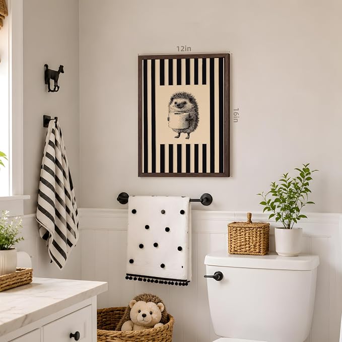VziizV Funny Hedgehog Bathroom Wall Art, Cute Hedgehog Holding Toilet Paper Decor, Beige and Black Stripe Restroom Poster Print, Whimsical Farmhouse Animal Artwork for Powder Wood Framed 16x24 Inch