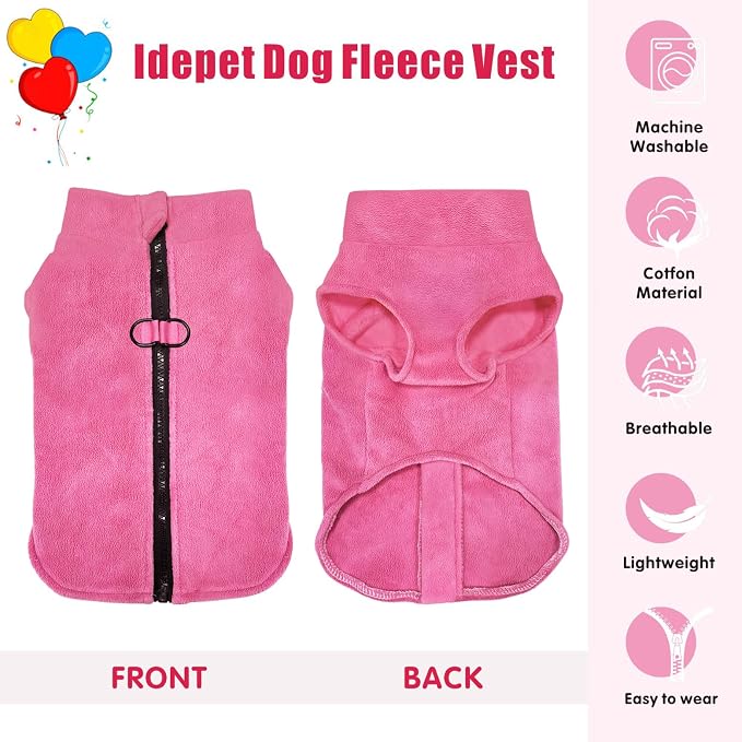 Idepet Dog Fleece Vest Sweater Zip Up Warm Pullover Dogs Jacket with D-Ring Leash Winter Cold Weater Coat Pet Sweatershirt Clothes Hoodie for Small Medium Dogs Boy Girl (Rose Red, XS)