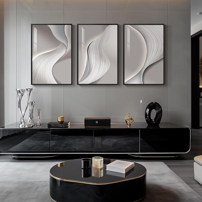 Large Framed Modern Abstract Wall Art for Living Room, 3 Piece 24x36 In | Silver gray tones art prints, Minimalist bright style paintings, Crystal wall art for bedroom dining room hallway office