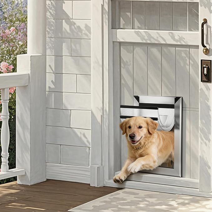 MAVRICFLEX Heavy Duty Doggy Door with Sliding Lock Panel, Aluminum Large Dog Door with Magnetic Double Flaps Dog Door for Large Dogs Up to 40lbs, Medium, White
