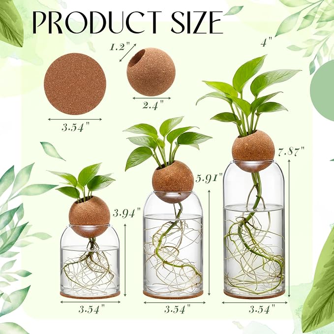 3 Pcs Glass Plant Propagation Stations for Plants with Spherical Lids and Cork Coasters Hydroponic Spherical Cork Planter Desktop Vases for Plants Cuttings Home Office Tabletop Decor