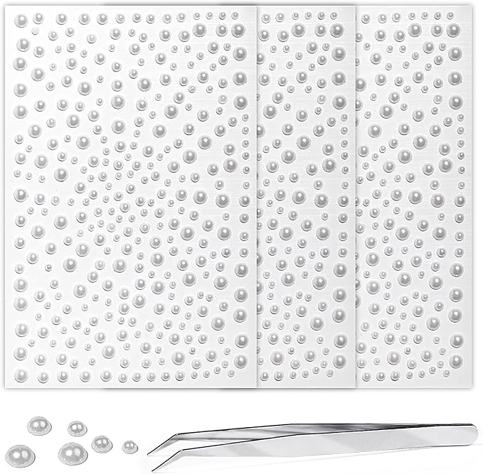 3/4/5/6MM Face Gems Pearls for Makeup Rhinestone Stickers for Crafts White Stick on Body Clear Crystal Tweezers Decals White Hair Nails Craft DIY Gems for Nails Makeup Decor 975PCS