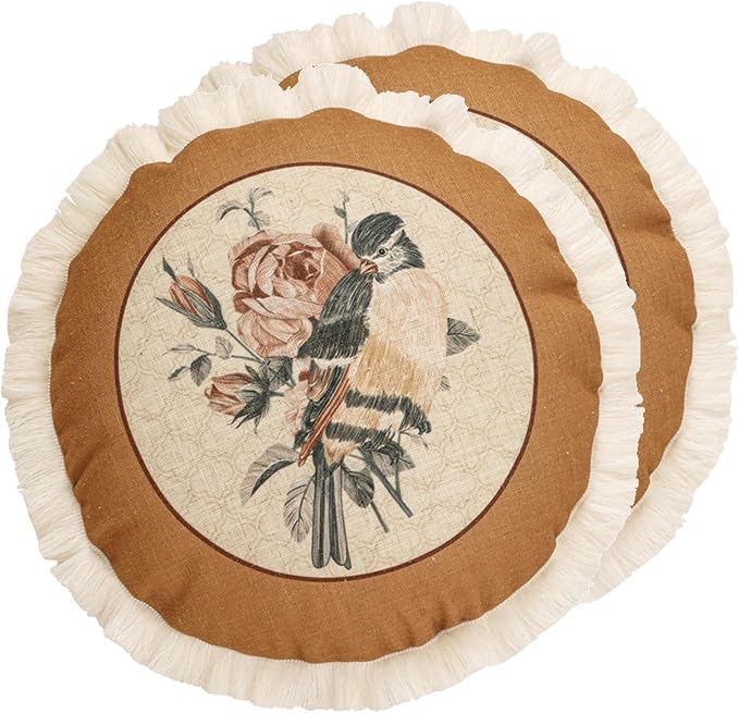 patdrea Vintage Linen Pillow Cover,Diameter 16",Set of 2-ParkerEstate D | French Decorative Pillow Case with Zipper,Bird and Floral Pattern,Cushion Coverfor Couch Living Room Bedroom