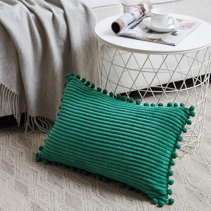 Fancy Homi Pack of 2 Boho Green Rectangle Decorative Throw Pillow Covers with Pom-poms, Soft Corduroy Accent Solid Cushion Case Set for Couch Sofa Bedroom Car Living Room (12x20 Inch/30x50 cm, Green)